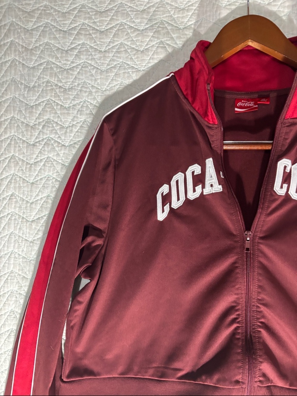 Coca Cola Women's Maroon Track Jacket with Red and White Stripe Sleeves - Picture 4 of 6